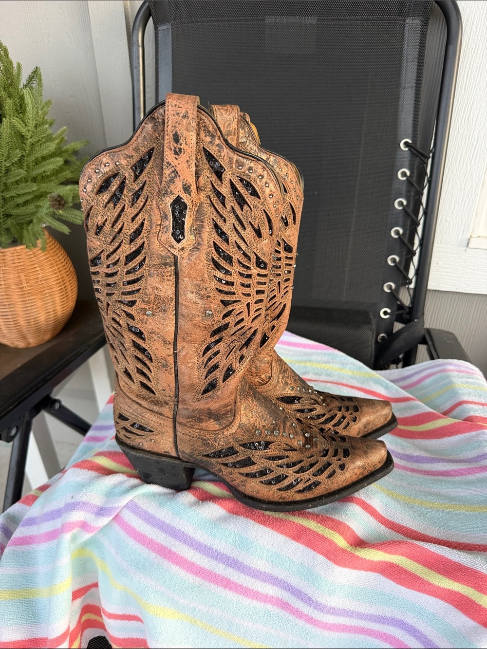Corral Tan Laser-Cut Western Boots with Stud Accents